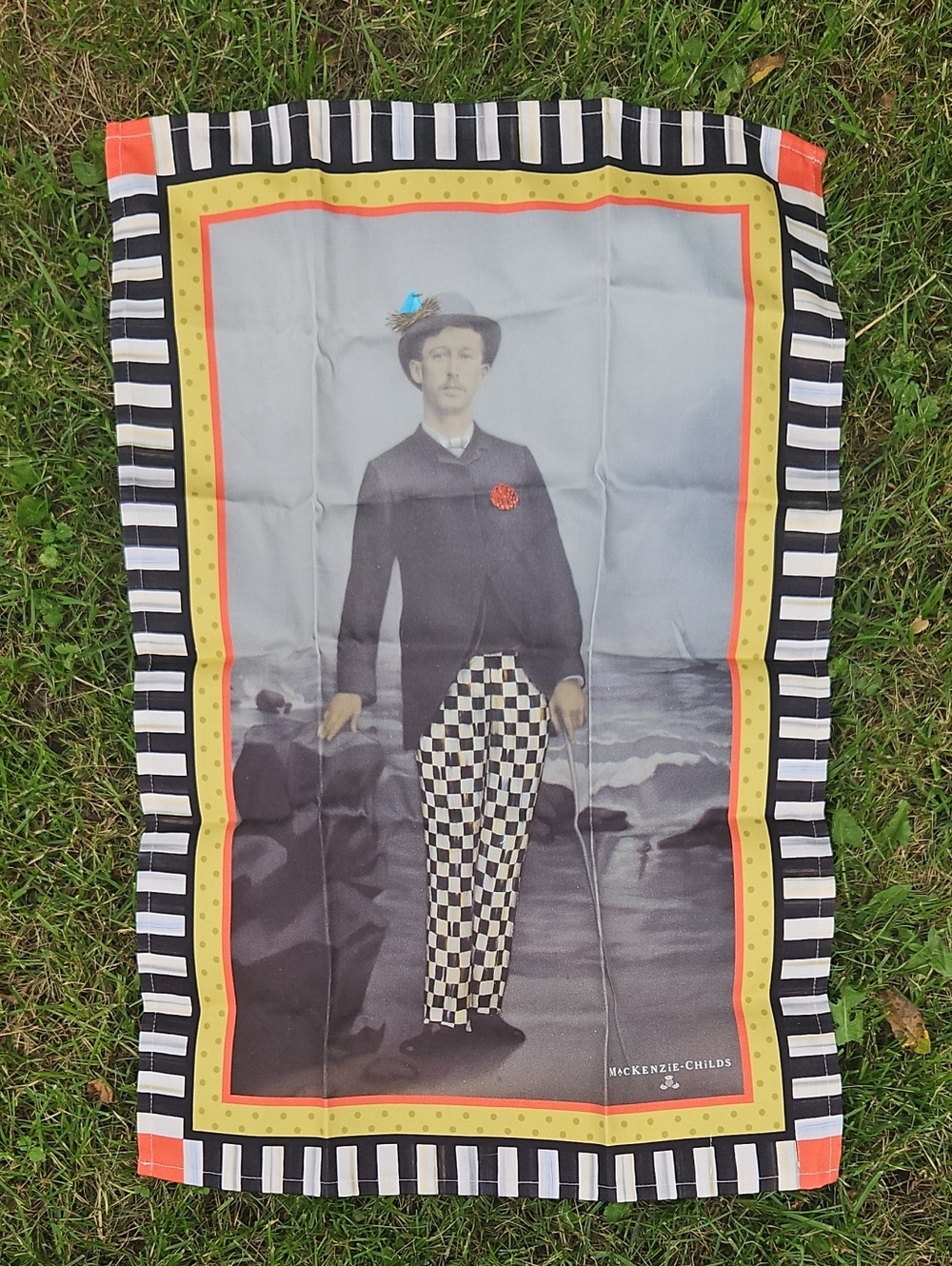 Retired MacKenzie-Childs Black & White Checkered Man With A View Tea Towel